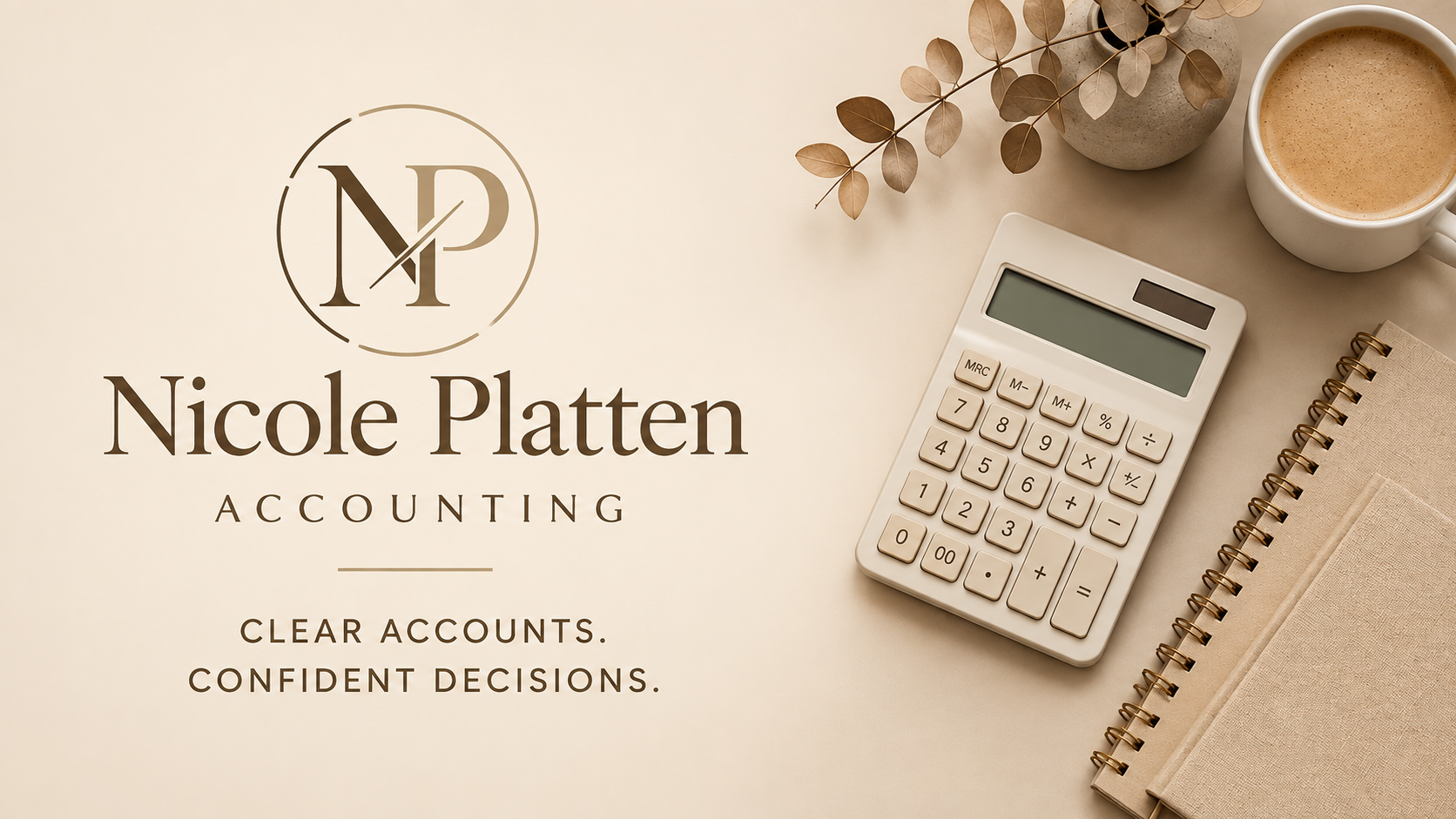 Nicole Platten Accounting brand desk scene with calculator, notebook and coffee